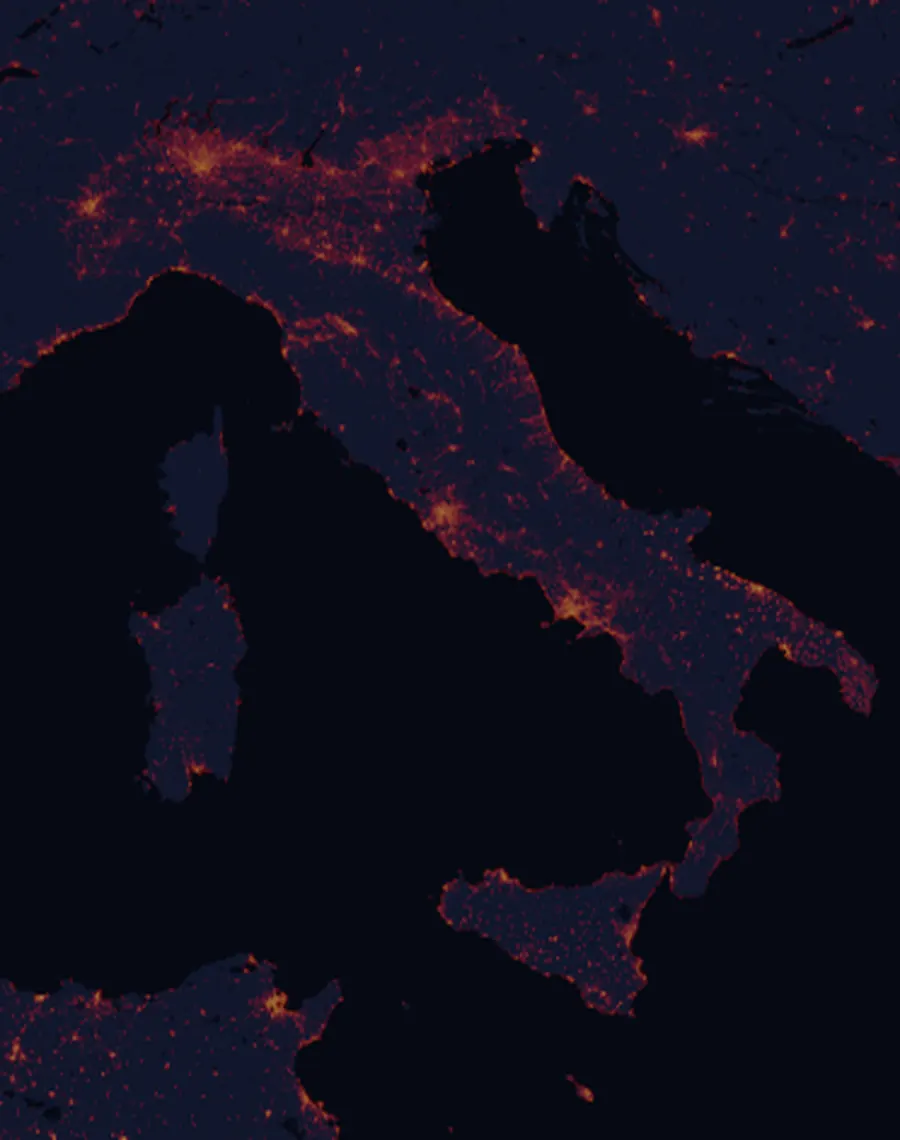 NASA satellite night-lights map of Italy with every place marked