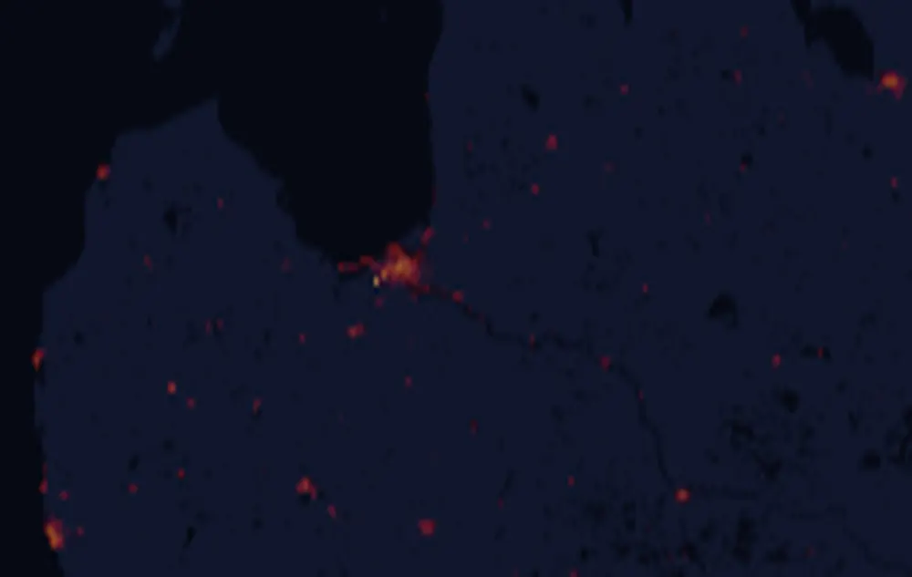 NASA satellite night-lights map of Latvia with every place marked