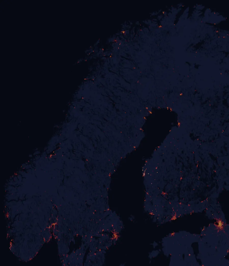 NASA satellite night-lights map of Norway with every place marked