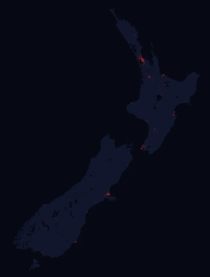 Night-lights map of New Zealand with every place colored by its Milky Way core nights in 2027