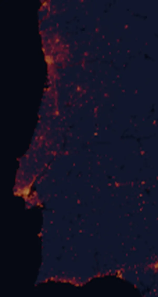 NASA satellite night-lights map of Portugal with every place marked