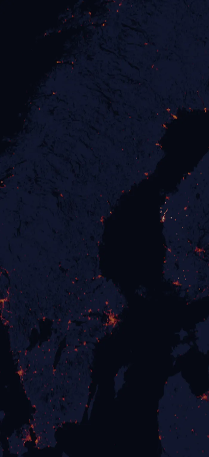 NASA satellite night-lights map of Sweden with every place marked