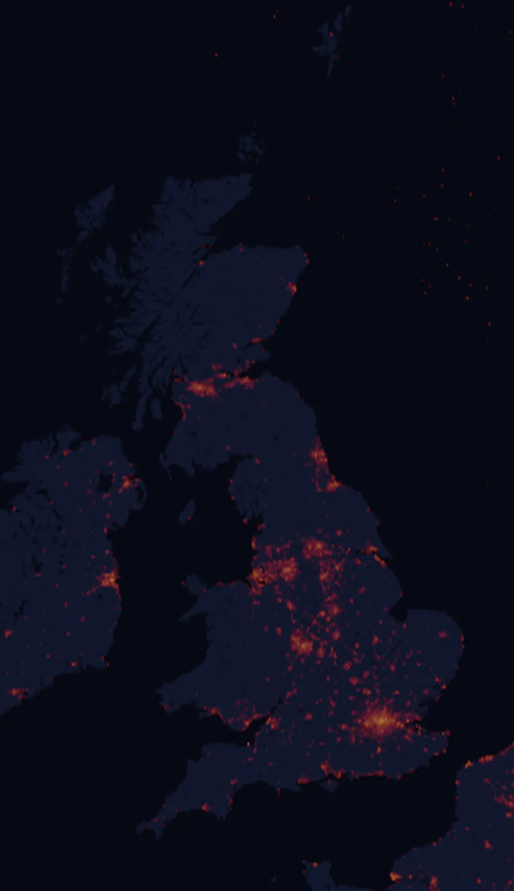 Night-lights map of the United Kingdom with every place colored by the storm strength it needs to see the northern lights
