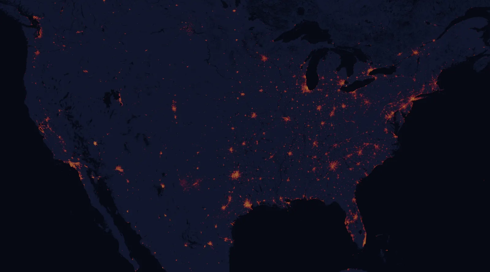 Night-lights map of the United States with every place colored by the storm strength it needs to see the northern lights