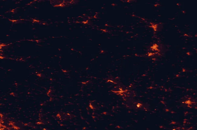Satellite night-light map of the 100 km around Aggtelek National Park, with Košice, Miskolc and Nyíregyháza marked