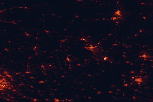 Satellite night-light map of the 100 km around Bükk National Park, with Miskolc, Košice and Debrecen marked