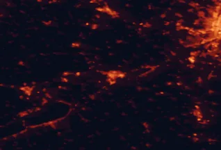 Satellite night-light map of the 50 km around Székesfehérvár, with Tatabánya, Veszprém and Érd marked