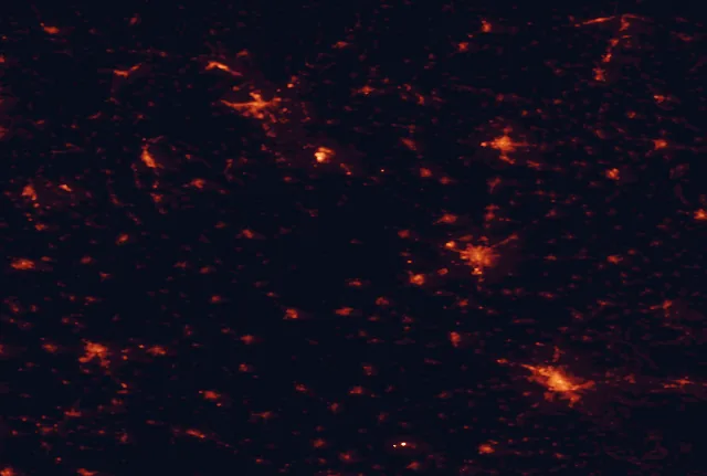 Satellite night-light map of the 100 km around Hortobágy National Park, with Debrecen, Miskolc and Oradea marked