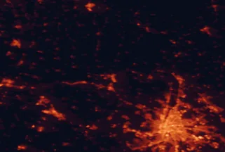 Satellite night-light map of the 50 km around Esztergom, with Budapest, Tatabánya and Érd marked