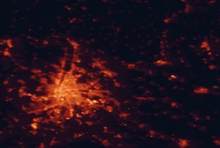 Satellite night-light map of the 50 km around Gödöllő, with Budapest, Érd and Dunakeszi marked