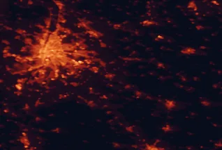 Satellite night-light map of the 50 km around Monor, with Budapest, Érd and Cegléd marked
