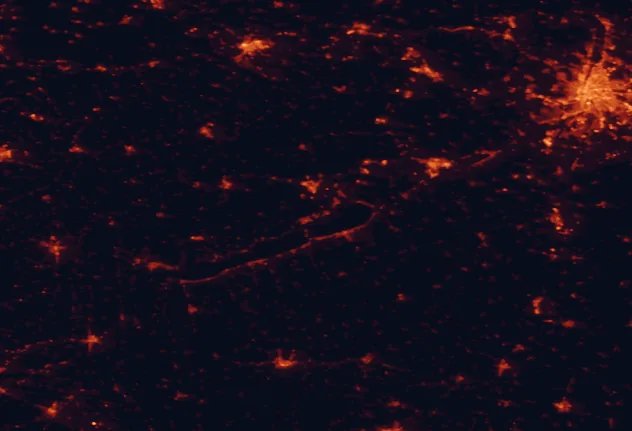 Satellite night-light map of the 100 km around Balaton Uplands National Park, with Budapest, Veszprém and Székesfehérvár marked