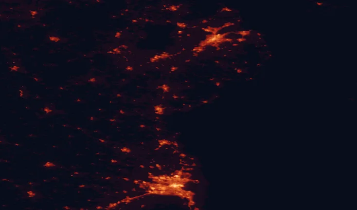 Satellite night-light map of the 100 km around the Cooley Peninsula, with Dublin, Belfast and Dundalk marked