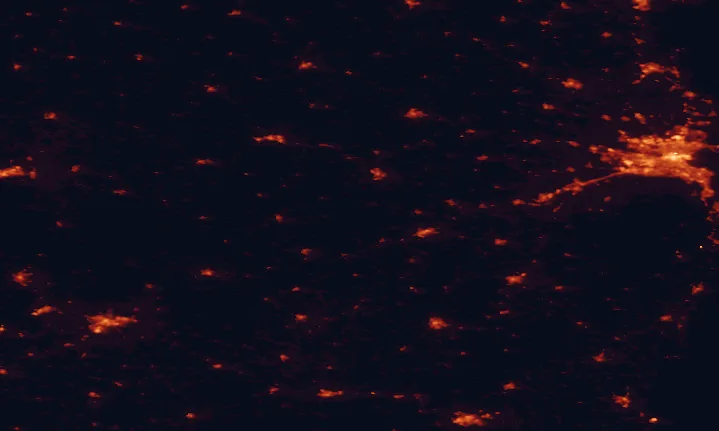 Satellite night-light map of the 100 km around the Slieve Bloom Mountains, with Dublin, Limerick and Tallaght marked