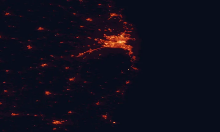 Satellite night-light map of the 100 km around the Wicklow Mountains, with Dublin, Tallaght and Bray marked