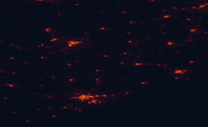 Satellite night-light map of the 100 km around the Galtee Mountains, with Cork, Limerick and Waterford marked