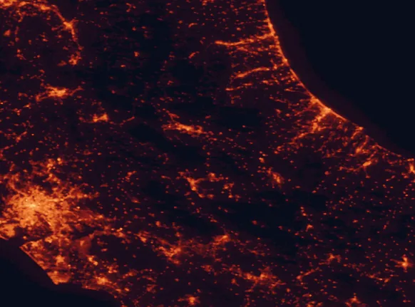 Satellite night-light map of the 100 km around Sirente-Velino Regional Park, with Rome, Pescara and Terni marked