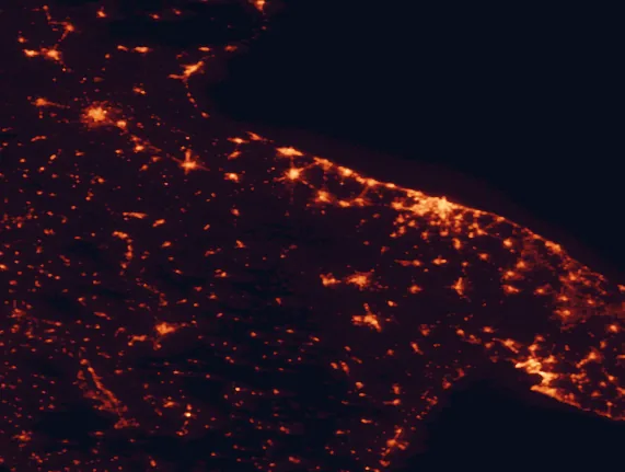 Satellite night-light map of the 100 km around Alta Murgia National Park, with Bari, Andria and Taranto marked