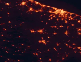 Satellite night-light map of the 50 km around Altamura, with Bari, Matera and Gravina in Puglia marked