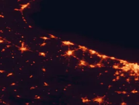 Satellite night-light map of the 50 km around Andria, with Barletta, Trani and Bisceglie marked