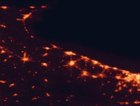 Satellite night-light map of the 50 km around Barletta, with Andria, Trani and Bisceglie marked