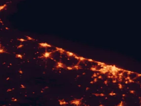 Satellite night-light map of the 50 km around Bisceglie, with Bari, Andria and Barletta marked