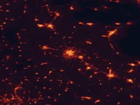Satellite night-light map of the 50 km around Foggia, with San Severo, Manfredonia and Cerignola marked
