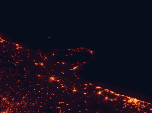Satellite night-light map of the 100 km around Gargano National Park, with Bari, Foggia and Manfredonia marked