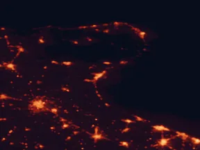Satellite night-light map of the 50 km around Manfredonia, with Foggia, Barletta and Andria marked