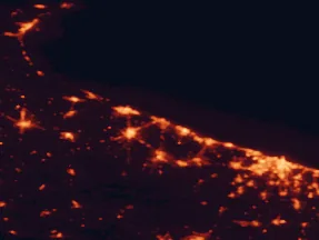 Satellite night-light map of the 50 km around Trani, with Bari, Andria and Barletta marked