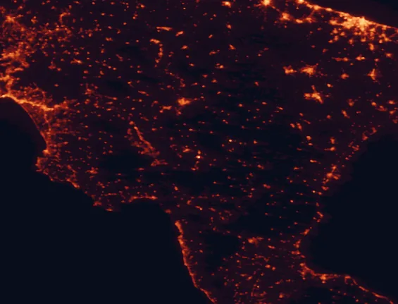 Satellite night-light map of the 100 km around Appennino Lucano National Park, with Bari, Salerno and Potenza marked