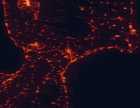 Satellite night-light map of the 50 km around Catanzaro, with Lamezia Terme, Crotone and Cosenza marked