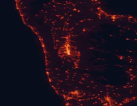 Satellite night-light map of the 50 km around Cosenza, with Quattromiglia, Lamezia Terme and Catanzaro marked