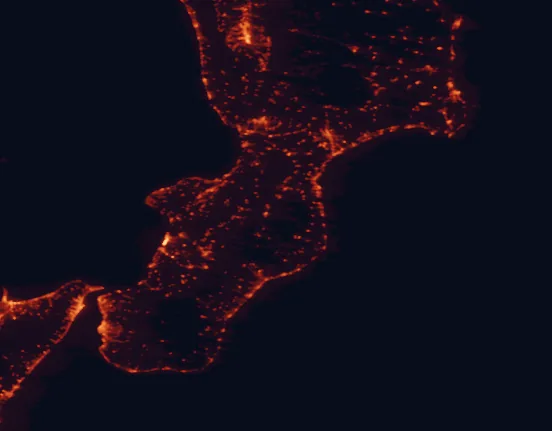 Satellite night-light map of the 100 km around Serre Regional Park, with Messina, Reggio Calabria and Catanzaro marked