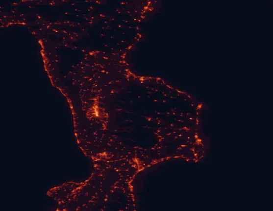 Satellite night-light map of the 100 km around Sila National Park, with Cosenza, Catanzaro and Lamezia Terme marked