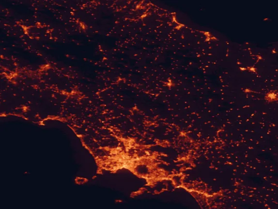 Satellite night-light map of the 100 km around Matese National Park, with Naples, Caserta and Salerno marked