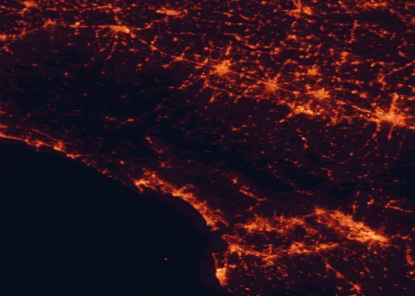 Satellite night-light map of the 100 km around Appennino Tosco-Emiliano National Park, with Bologna, Florence and Parma marked