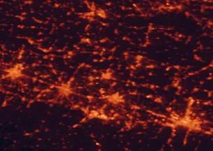 Satellite night-light map of the 50 km around Carpi, with Modena, Bologna and Reggio nell'Emilia marked