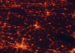 Satellite night-light map of the 50 km around Ferrara, with Bologna, Rovigo and Ravenna marked