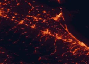 Satellite night-light map of the 50 km around Forlì, with Cesena, Rimini and Ravenna marked