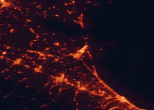 Satellite night-light map of the 50 km around Ravenna, with Forlì, Rimini and Cesena marked