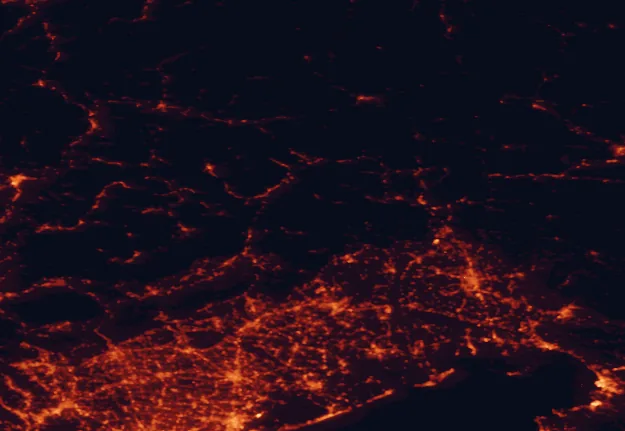Satellite night-light map of the 100 km around Friulian Dolomites Nature Park, with Trieste, Mestre and Udine marked