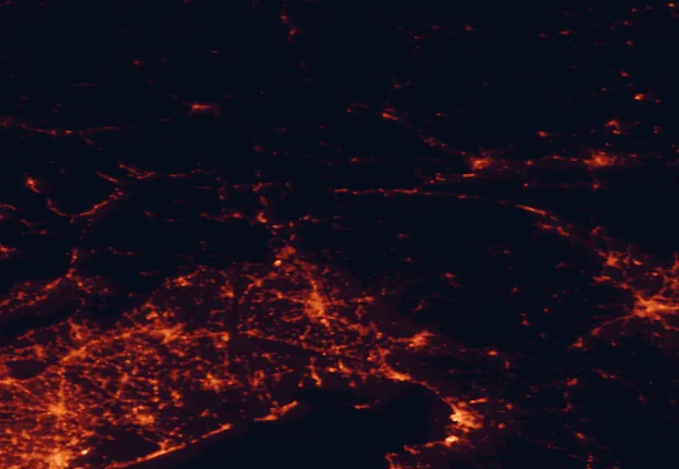 Satellite night-light map of the 100 km around Julian Prealps Nature Park, with Ljubljana, Udine and Trieste marked