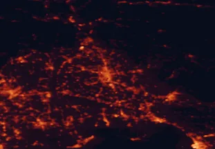 Satellite night-light map of the 50 km around Udine, with Trieste, Pordenone and Gorizia marked