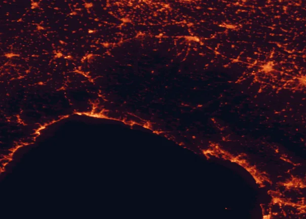 Satellite night-light map of the 100 km around Aveto Natural Regional Park, with Genoa, Parma and La Spezia marked