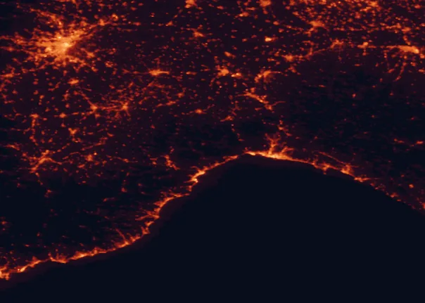 Satellite night-light map of the 100 km around Beigua Regional Park, with Genoa, Turin and Savona marked
