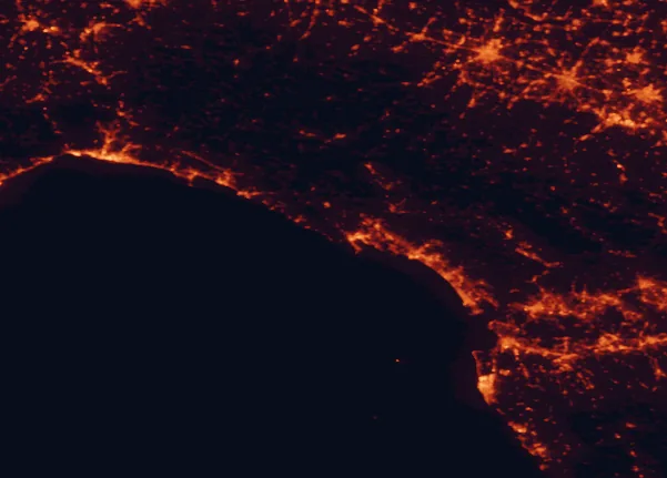Satellite night-light map of the 100 km around Cinque Terre National Park, with Genoa, Parma and Livorno marked