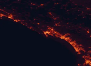 Satellite night-light map of the 50 km around La Spezia, with Carrara, Massa and Pisa marked