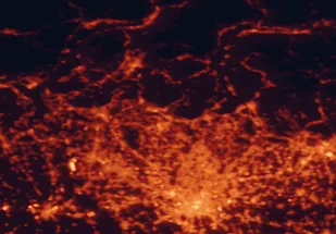 Satellite night-light map of the 50 km around Como, with Milan, Monza and Varese marked