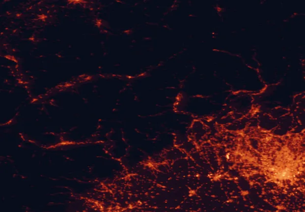 Satellite night-light map of the 100 km around Alta Valle Antrona Natural Park, with Milan, Novara and Monza marked